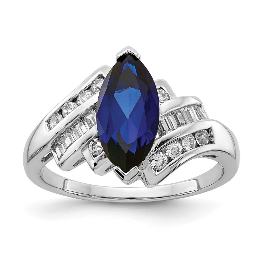 925 Sterling Silver Created Blue Sapphire And Cz Marquise Ring, 7